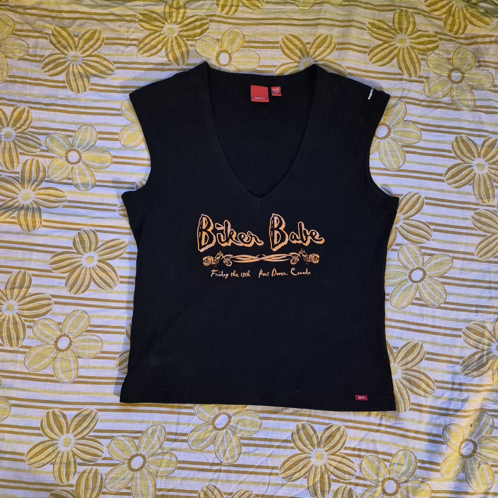 Esprit Black Tank with Orange 'Biker Babe' Graphic